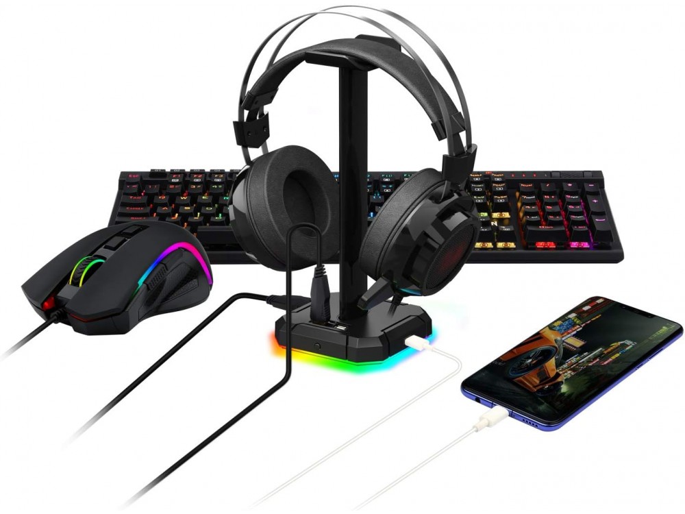 Redragon HA300 Scepter Pro Desktop Headphone Stand with LED Lighting and 4 USB Ports, Black
