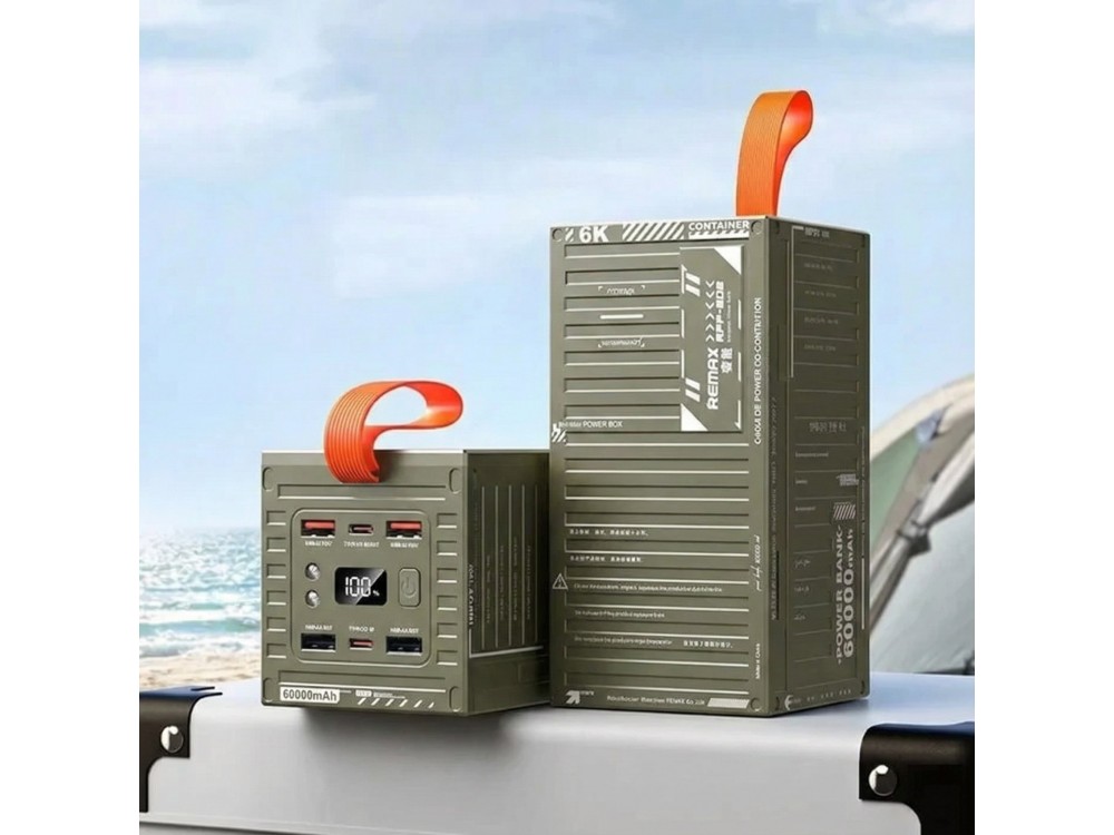 Remax Container 60000 22.5W PD USB-C Power Bank 60,000mAh with Digital Display & Power Delivery, Olive