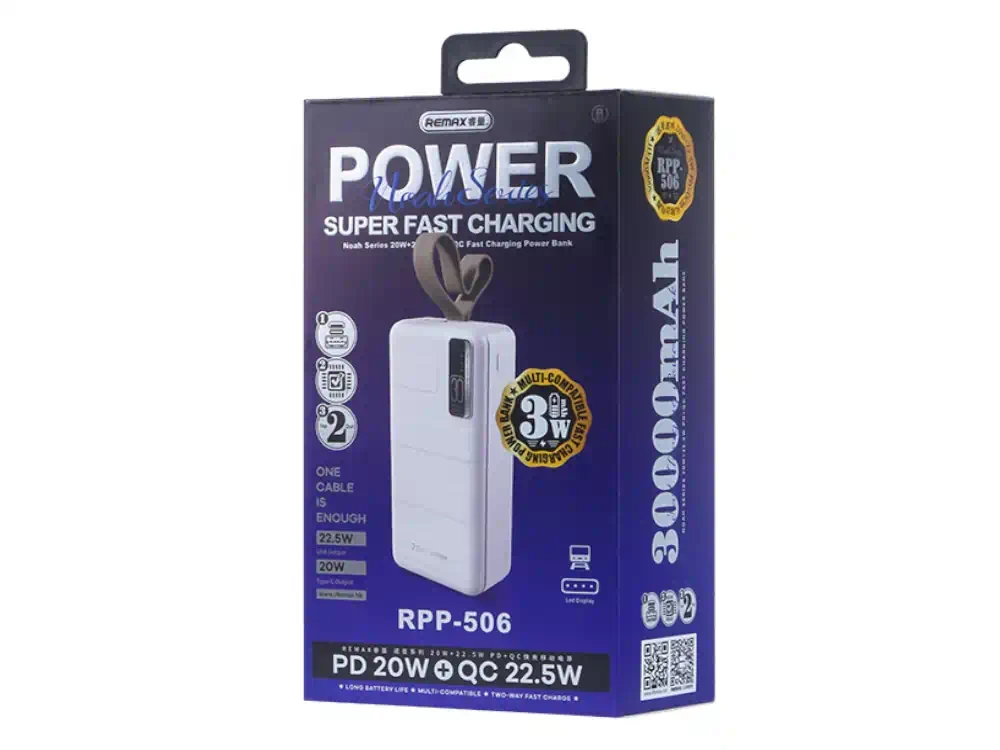 Remax Noah 30000 PD 22.5W USB-C Power Bank with LED Indicator 30,000mAh Power Delivery & QC3.0, White