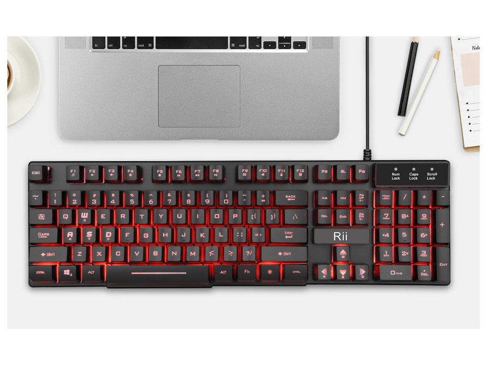Rii RK100 Gaming Keyboard with 3 LED Colors, US Layout
