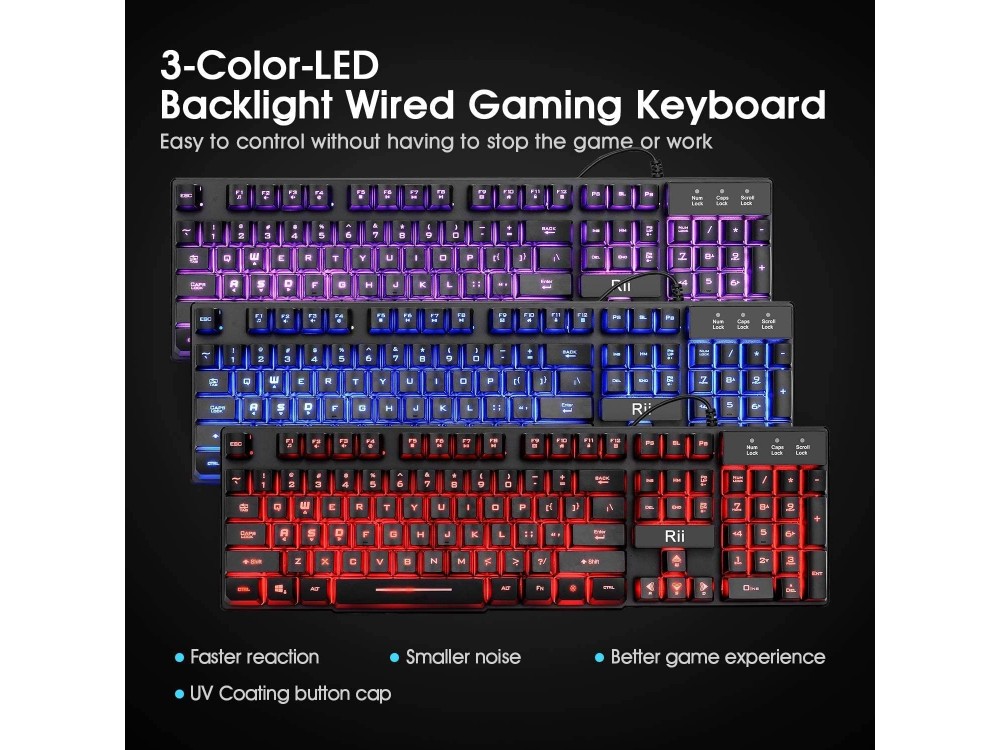 Rii RK100 Gaming Keyboard with 3 LED Colors, US Layout