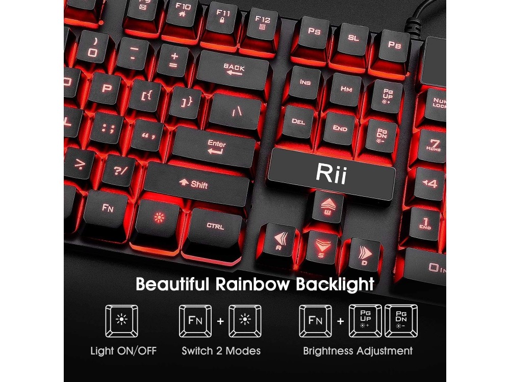 Rii RK100 Gaming Keyboard with 3 LED Colors, US Layout