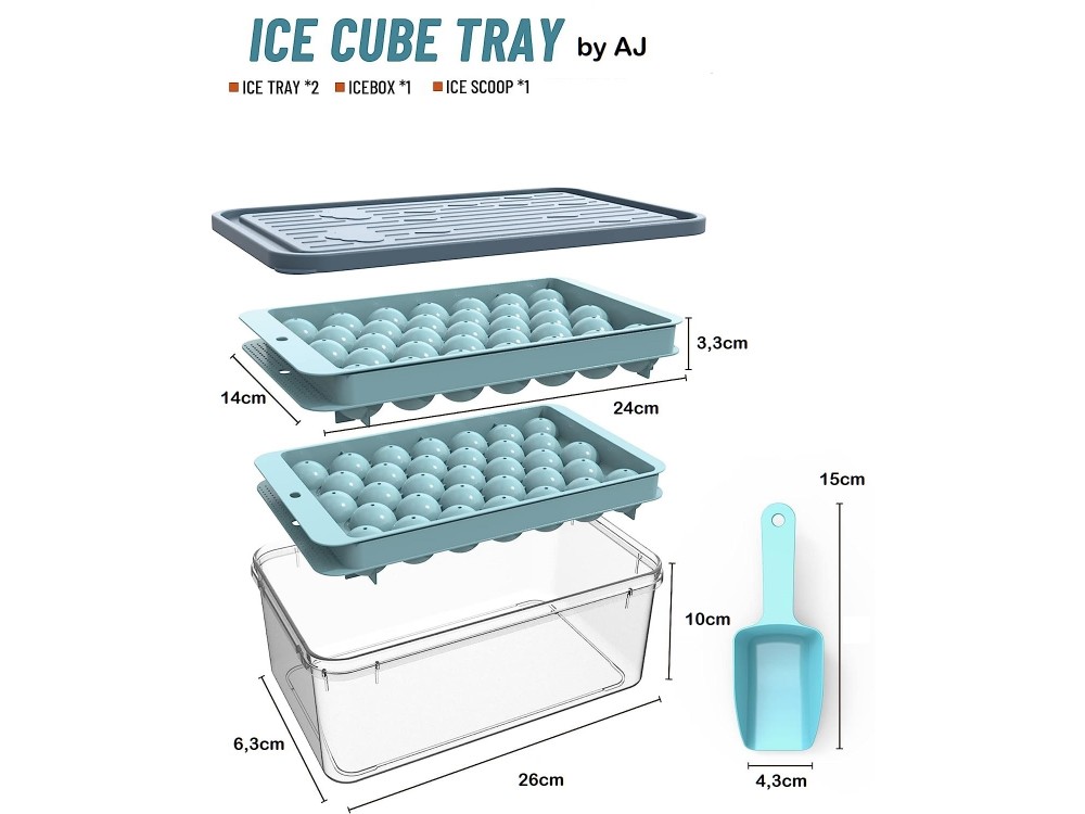 AJ 2-Pack Ice Cube Tray With Lid & Bin, 33 Trays, Set of 2pcs, with Lid,  & Scoop, Blue
