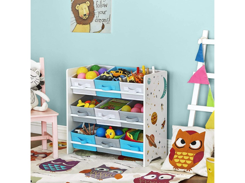 Songmics Toy and Book Organiser for Kids, Ξύλινη Παιδική Ραφιέρα με 9 Υφασμάτινα Κουτιά Αποθήκευσης με Λαβή 62.5 x 29.5 x 60cm