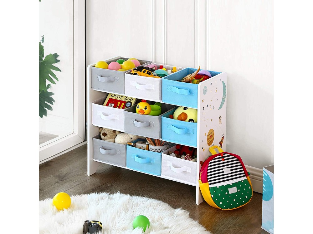 Songmics Toy and Book Organiser for Kids, Ξύλινη Παιδική Ραφιέρα με 9 Υφασμάτινα Κουτιά Αποθήκευσης με Λαβή 62.5 x 29.5 x 60cm