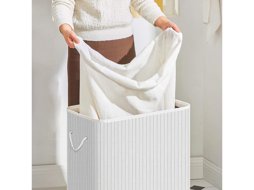 Songmics Divided 100L Laundry Basket with 2 Sections and Lid, Expandable, White
