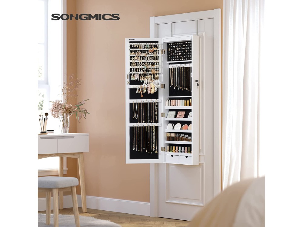 Songmics Jewellery Cabinet Armoire, Lockable Wall-Mounted Storage Organiser Unit for Necklace Earring, with Mirror and Various Compartments