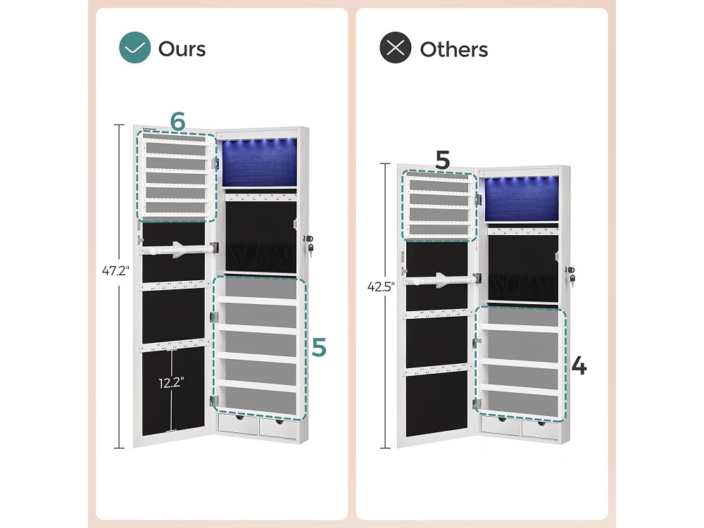 Songmics Jewellery Cabinet Armoire, Lockable Wall-Mounted Storage Organiser Unit for Necklace Earring, with Mirror and Various Compartments