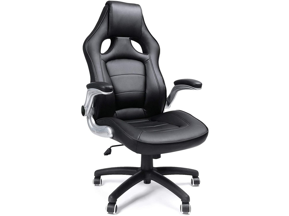 Songmics Sporty Office Chair, PU Leather Καρέκλα Γραφείου με Ανάκλιση, Ρυθμιζόμενα Μπράτσα, Black