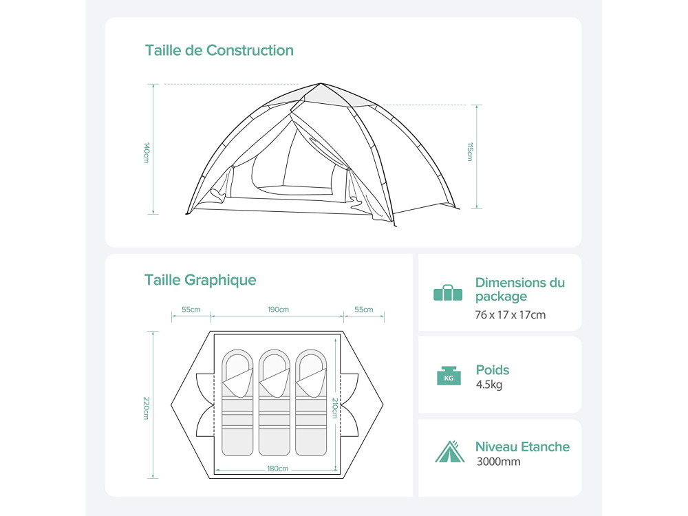 Sable Waterproof Pop-Up Camping Tent, Αδιάβροχη Σκηνή 4 Ατόμων, Αυτόματη 230 x 210 x 140cm - SA-HF044