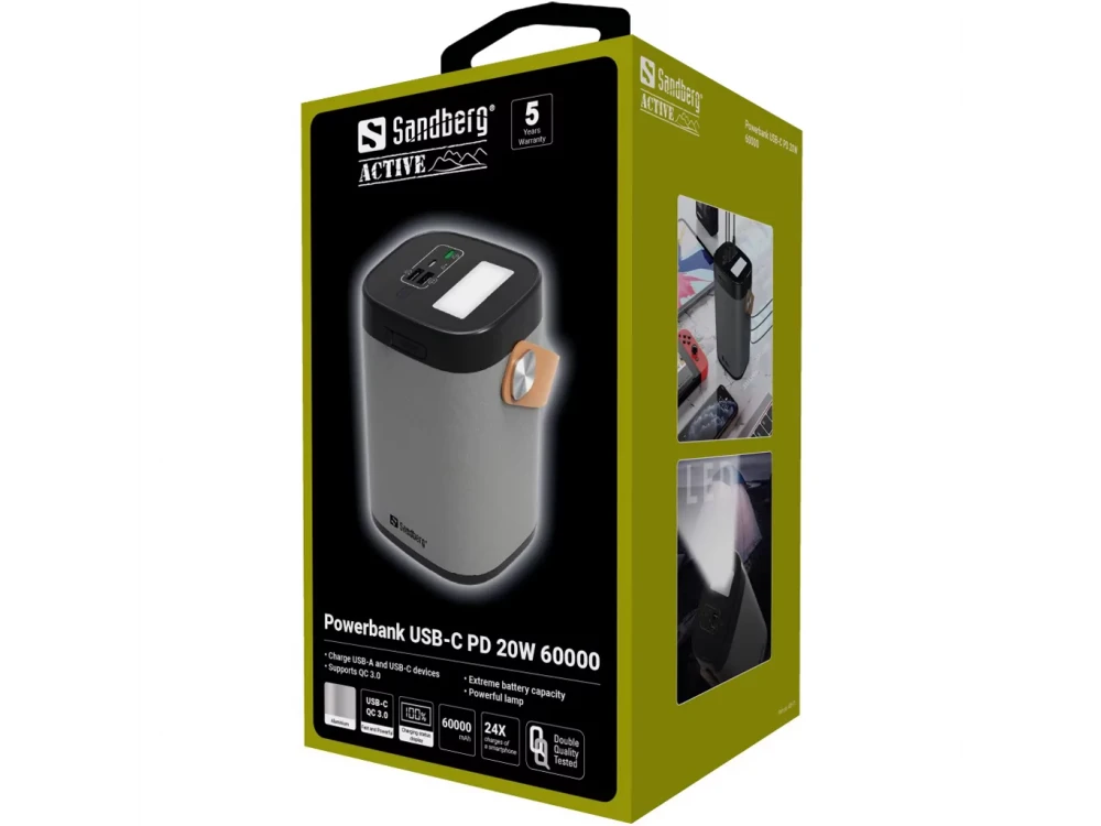 Sandberg 60000 20W PD USB-C Power Bank 60.000mAh Power Delivery & QC3.0, με Φακό, Μαύρο