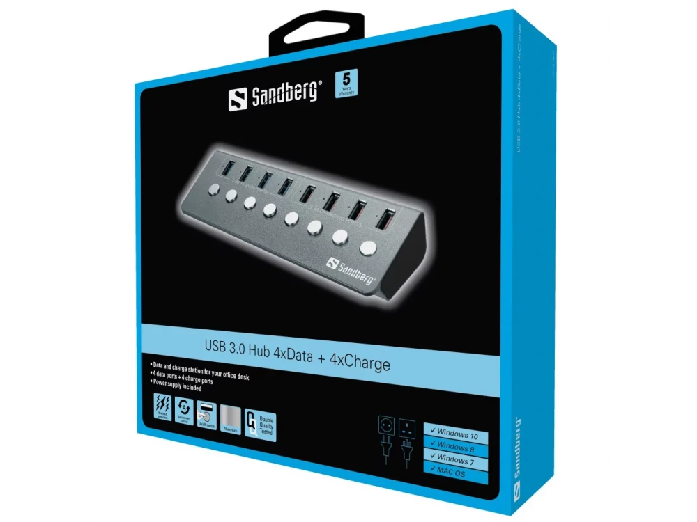 Sandberg Aluminium 8-Port (USB3.0 Data *4 + Smart Charging *4) Data Hub with Individual Switch with Charger
