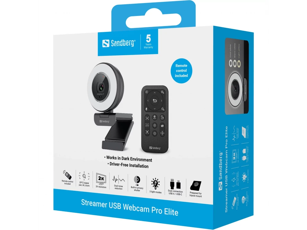 Sandberg Streamer Pro Elite Web Camera 2K με Autofocus Λευκή