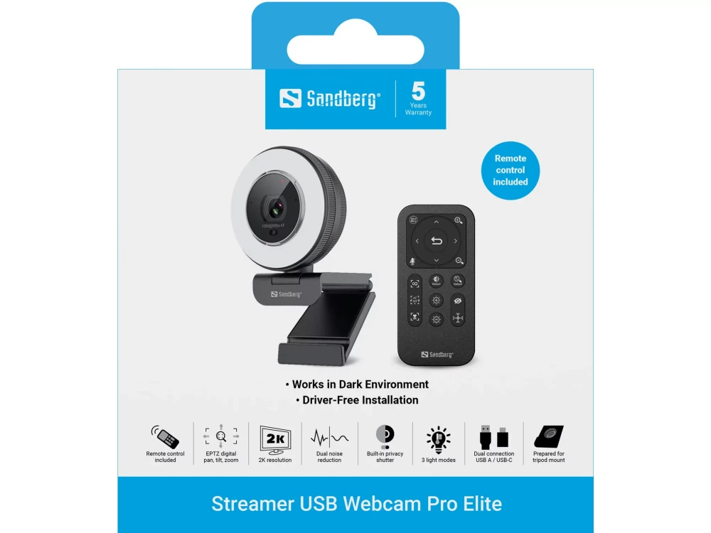 Sandberg Streamer Pro Elite Web Camera 2K με Autofocus Λευκή