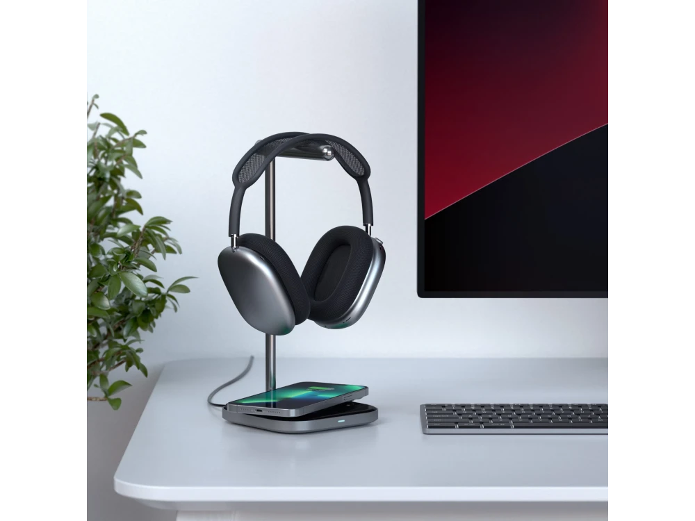 Satechi Aluminum 2-in-1 Headphone Stand, Desk Headphone Stand with Qi Wireless Mobile Charger, Space Gray