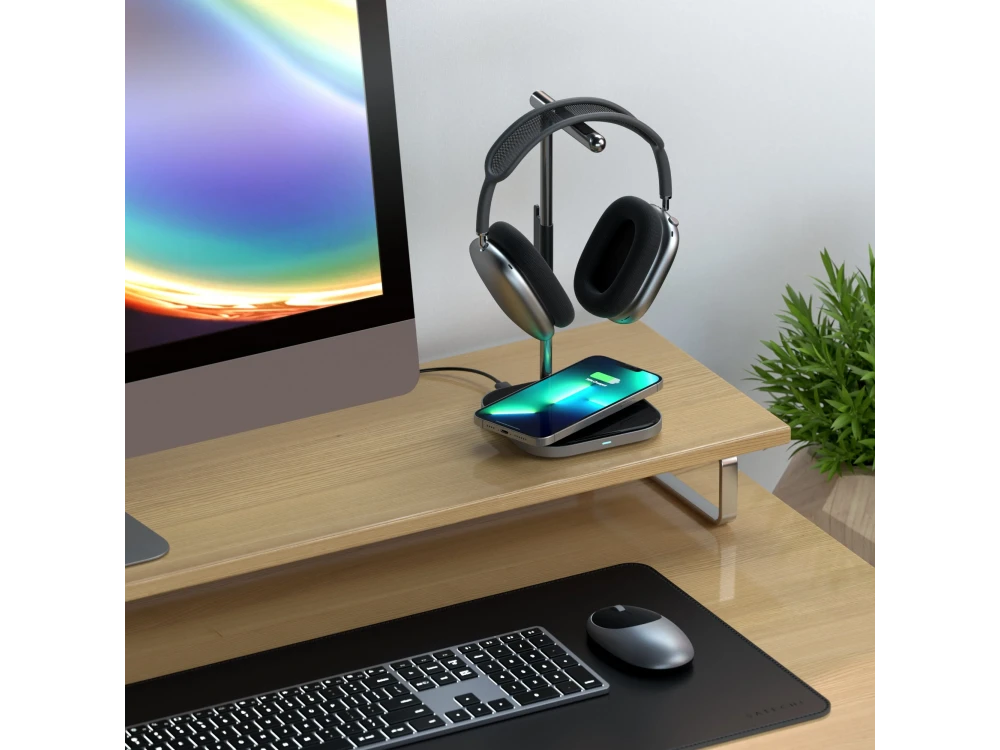 Satechi Aluminum 2-in-1 Headphone Stand, Desk Headphone Stand with Qi Wireless Mobile Charger, Space Gray