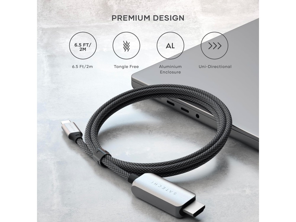 Satechi USB-C to HDMI 8K@60Hz Adapter 2m. Cable with Nylon Weave (Thunderbolt / HDMI 2.1), Space Gray