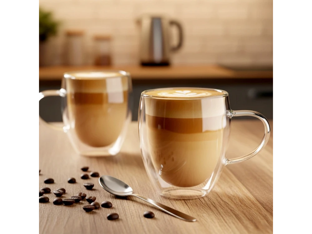 Vilde Premium Double Walled Glass, Cappuccino / Latte Macchiato Cups Set of 2 370ml Made of Double Borosilicate Glass,
