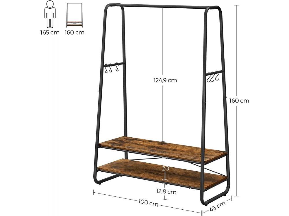 Songmics Industrial Floor Clothes Hanger Heavy Duty, with 2 Lower Shelves in Rustic Style 100 x 45 x 160cm, Black