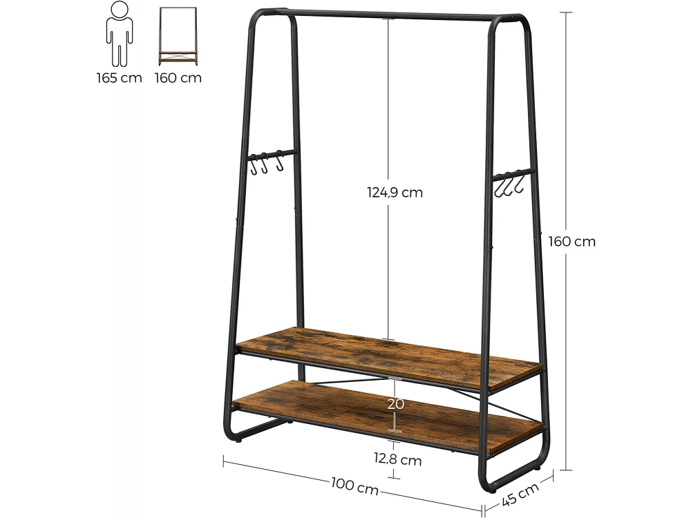 Songmics Industrial Κρεμάστρα Ρούχων Δαπέδου Heavy Duty, με 2 Κάτω Ράφια σε Ρουστίκ Στυλ 100 x 45 x 160cm, Μαύρη