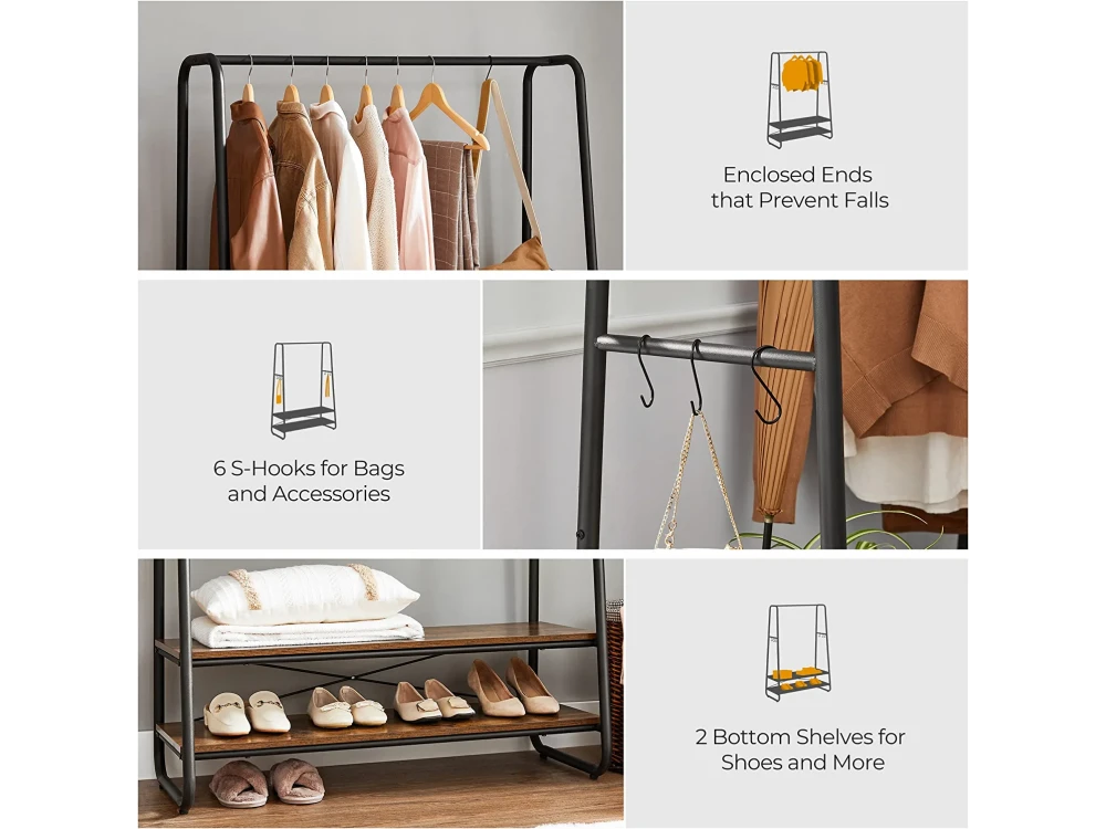 Songmics Industrial Floor Clothes Hanger Heavy Duty, with 2 Lower Shelves in Rustic Style 100 x 45 x 160cm, Black