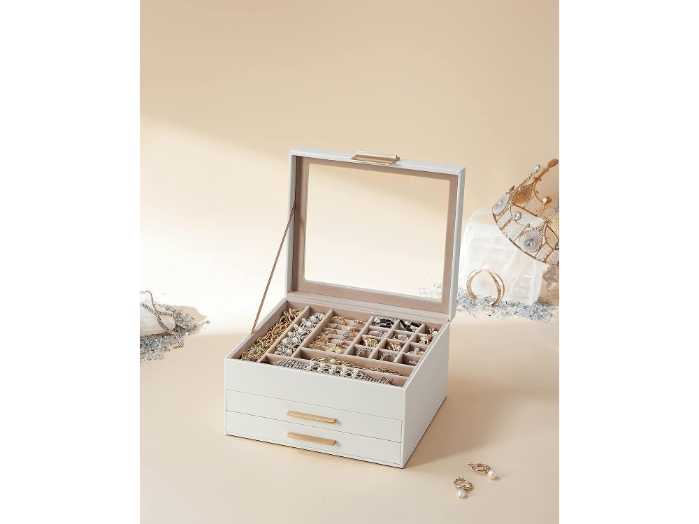 Songmics Jewellery Box 3 Layers, Μπιζουτιέρα με 2 Συρτάρια & Τζάμι, Cloud White and Gold