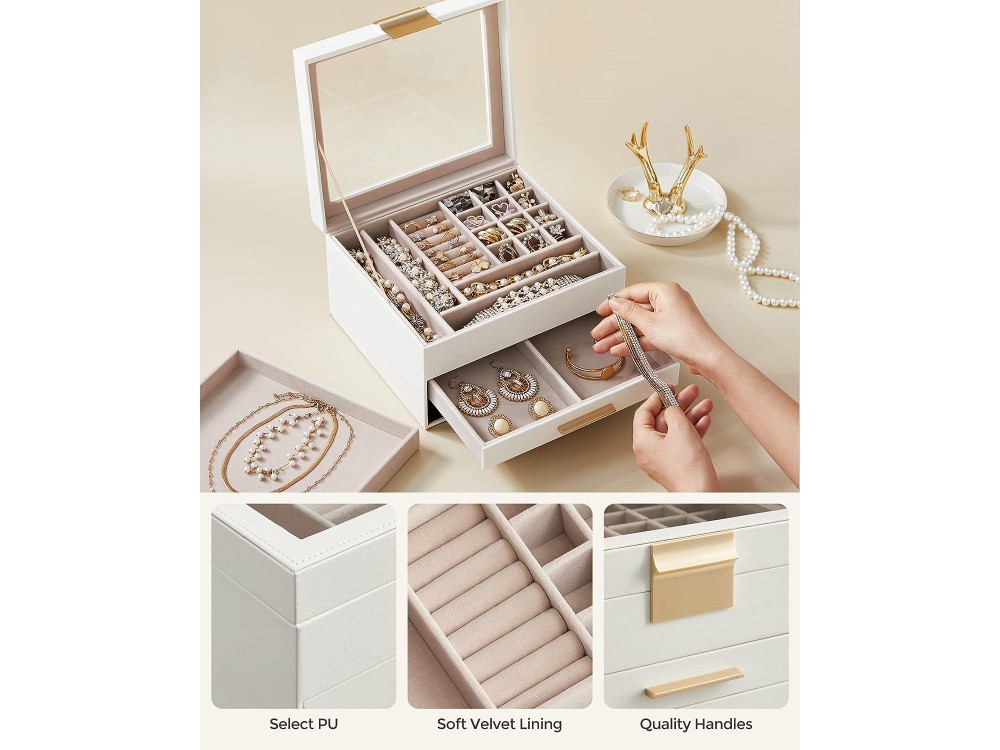 Songmics Jewellery Box 3 Layers, Μπιζουτιέρα με 2 Συρτάρια & Τζάμι, Cloud White and Gold