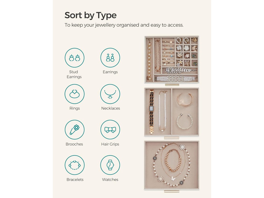Songmics Jewellery Box 3 Layers, Μπιζουτιέρα με 2 Συρτάρια & Τζάμι, Cloud White and Gold