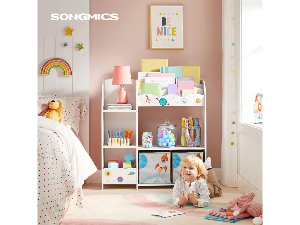 Songmics Toy and Book Organiser for Kids, Ξύλινη Παιδική Ραφιέρα με 2 Υφασμάτινα Κουτιά Αποθήκευσης 93 x 30 x 100cm