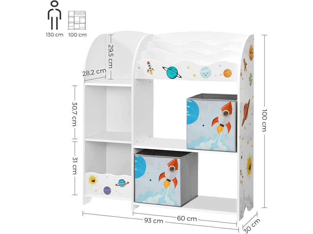 Songmics Toy and Book Organiser for Kids, Ξύλινη Παιδική Ραφιέρα με 2 Υφασμάτινα Κουτιά Αποθήκευσης 93 x 30 x 100cm