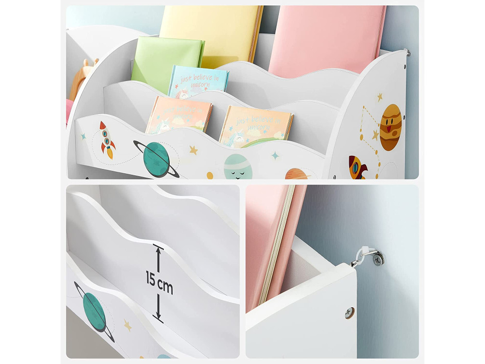 Songmics Toy and Book Organiser for Kids, Ξύλινη Παιδική Ραφιέρα με 2 Υφασμάτινα Κουτιά Αποθήκευσης 93 x 30 x 100cm