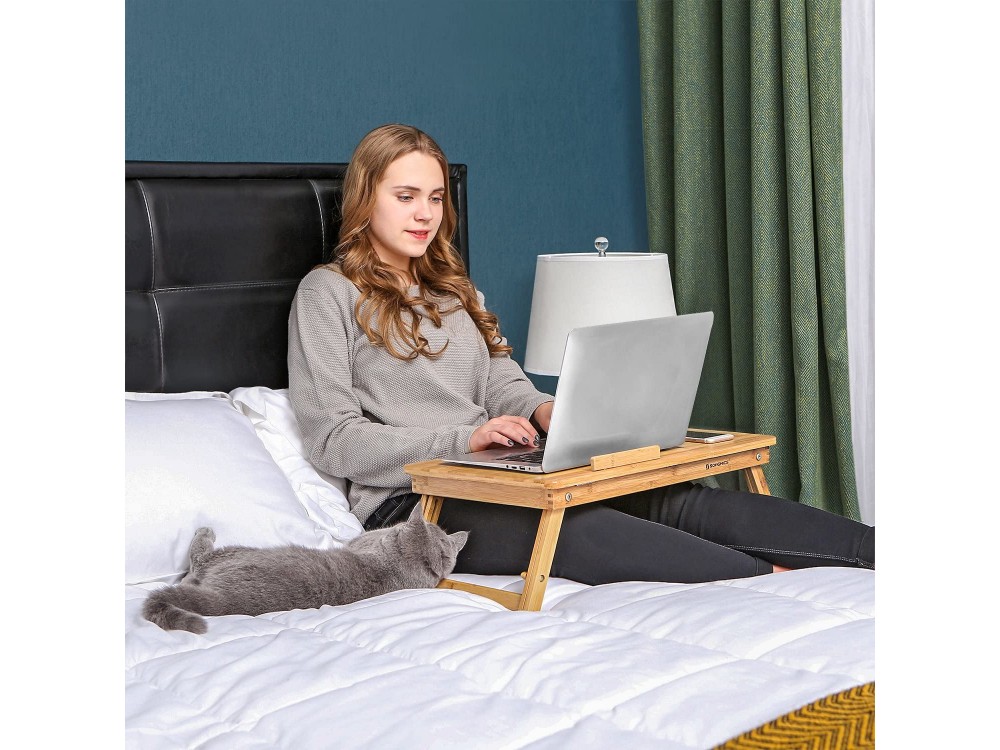Songmics Expandable Bed Laptop Table, Made Of Natural Bamboo, With Perforated Design, Brown