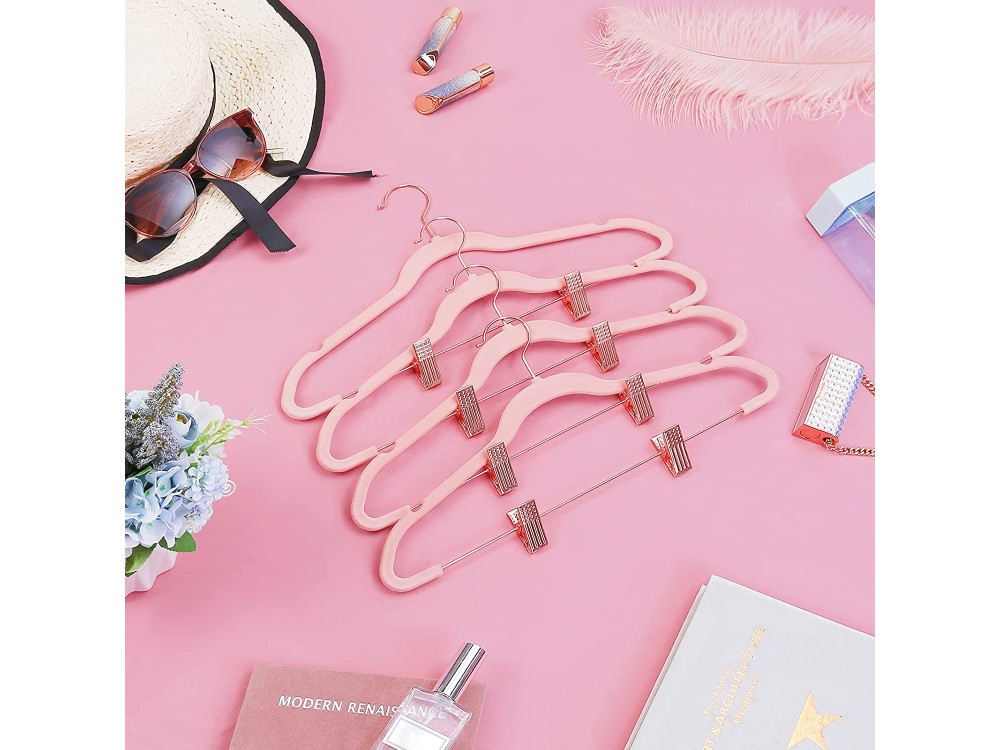 Songmics Velvet Clothes Hangers, Set of 24pcs with Rose Gold Rotatable Hook & Handles for Skirts, Light Pink