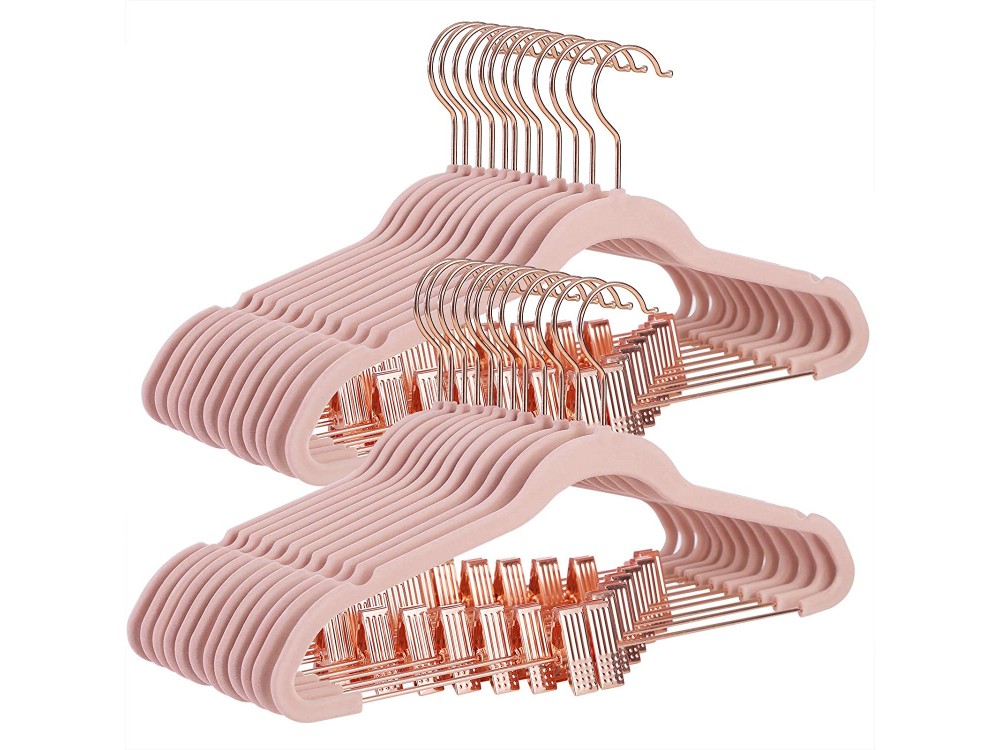 Songmics Velvet Clothes Hangers, Set of 24pcs with Rose Gold Rotatable Hook & Handles for Skirts, Light Pink