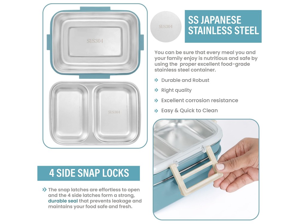 AJ O-Bento, Outdoor & Work Lunch Box, Stainless Steel 2-Tier Insulated Compartment, 1200ml, Petrol Blue