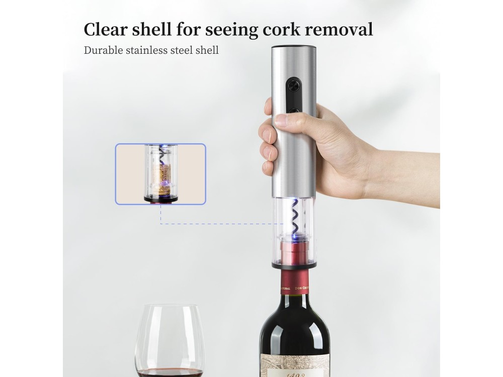 AJ Electric Wine Opener, Automatic Corkscrew, Foil Cutter, LED Light & Transparent Window, Ηλεκτρικό Ανοιχτήρι Κρασιού, Silver