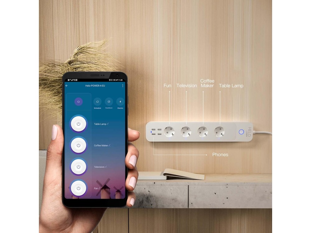 Strong Helo Smart Wi-Fi Power Socket, with 4 Schuko & 4*USB Charging Ports, compatible with Alexa & Google Home, 16A (No Hub needed)