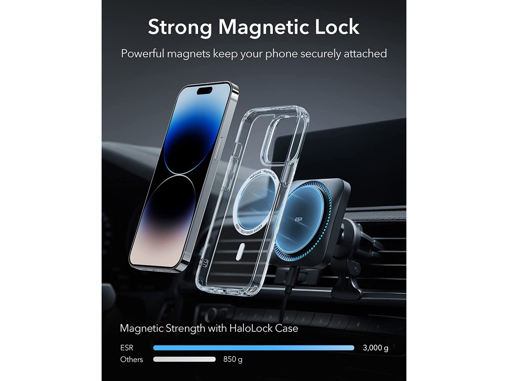 ESR HaloLock MagSafe CryoBoost Car Phone Mount, Βάση Αυτοκινήτου αεραγωγού με Ασύρματη Φόρτιση για iPhone 15 / 14