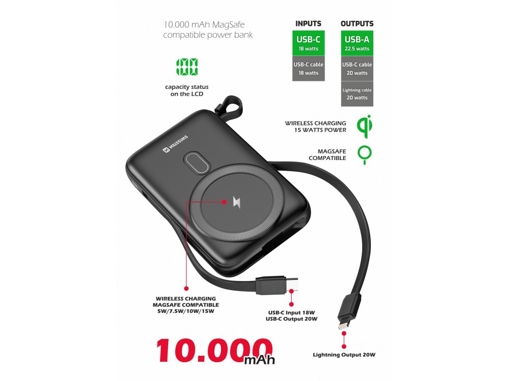 Swissten 10K Μαγνητικό Power Bank 10.000mAh Qi2 Certified 15W MagSafe iPhone & 2 Ενσωματωμένα Καλώδια USB-C & Lightning, Black