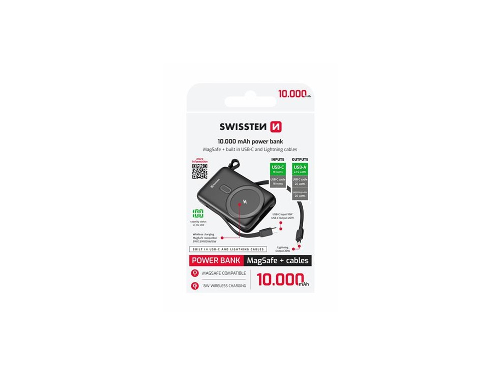 Swissten 10K Μαγνητικό Power Bank 10.000mAh Qi2 Certified 15W MagSafe iPhone & 2 Ενσωματωμένα Καλώδια USB-C & Lightning, Black