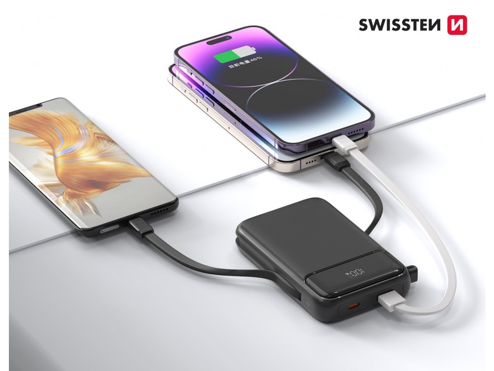 Swissten 10K Μαγνητικό Power Bank 10.000mAh Qi2 Certified 15W MagSafe iPhone & 2 Ενσωματωμένα Καλώδια USB-C & Lightning, Black