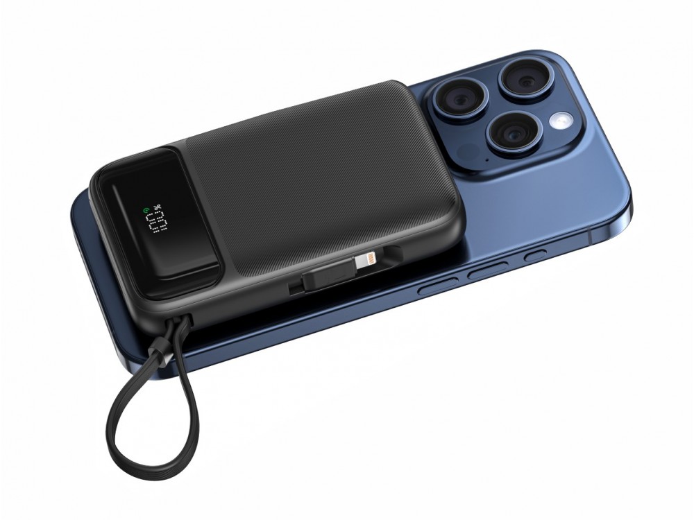 Swissten 10K Μαγνητικό Power Bank 10.000mAh Qi2 Certified 15W MagSafe iPhone & 2 Ενσωματωμένα Καλώδια USB-C & Lightning, Black