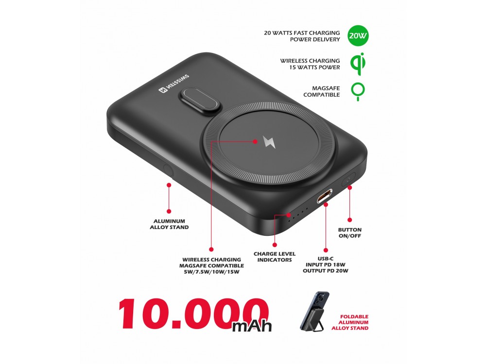 Swissten 10K Μαγνητικό Power Bank 10.000mAh Qi2 Certified 15W MagSafe iPhone, Black