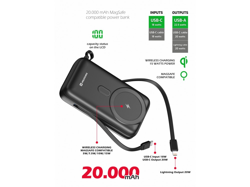 Swissten 20K Magnetic Power Bank 20,000mAh Qi2 Certified 15W MagSafe iPhone & 2 Built-in USB-C & Lightning Cables, Black