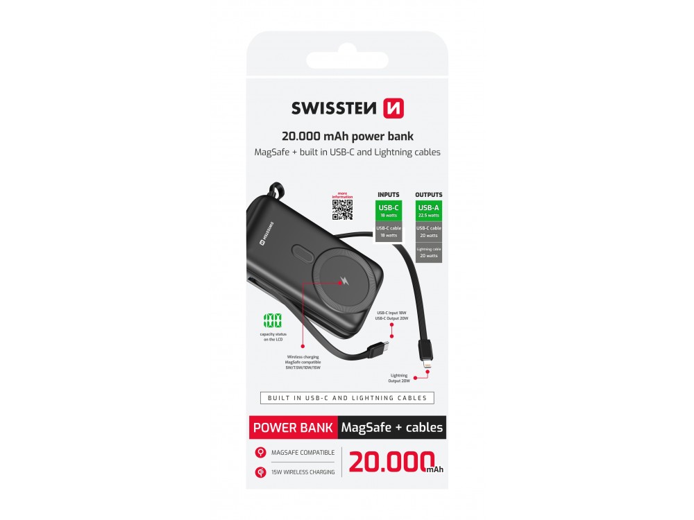 Swissten 20K Magnetic Power Bank 20,000mAh Qi2 Certified 15W MagSafe iPhone & 2 Built-in USB-C & Lightning Cables, Black