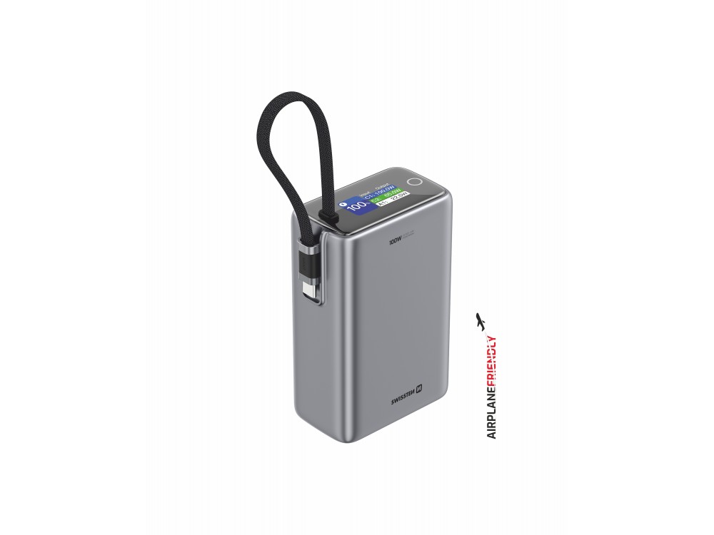 Swissten 25000 100W USB-C Power Bank 25.000mAh με Digital Display & PD3.0 + PPS + SCP + Ενσωματωμένο Καλώδιο Type-C, GREY