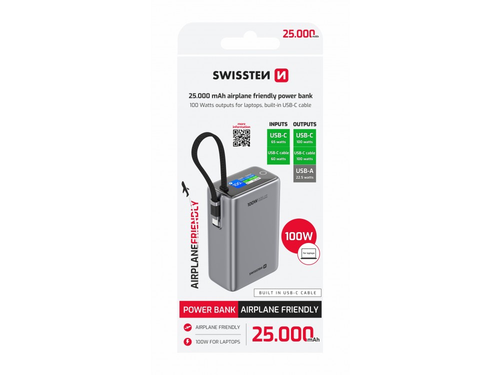 Swissten 25000 100W USB-C Power Bank 25.000mAh με Digital Display & PD3.0 + PPS + SCP + Ενσωματωμένο Καλώδιο Type-C, GREY