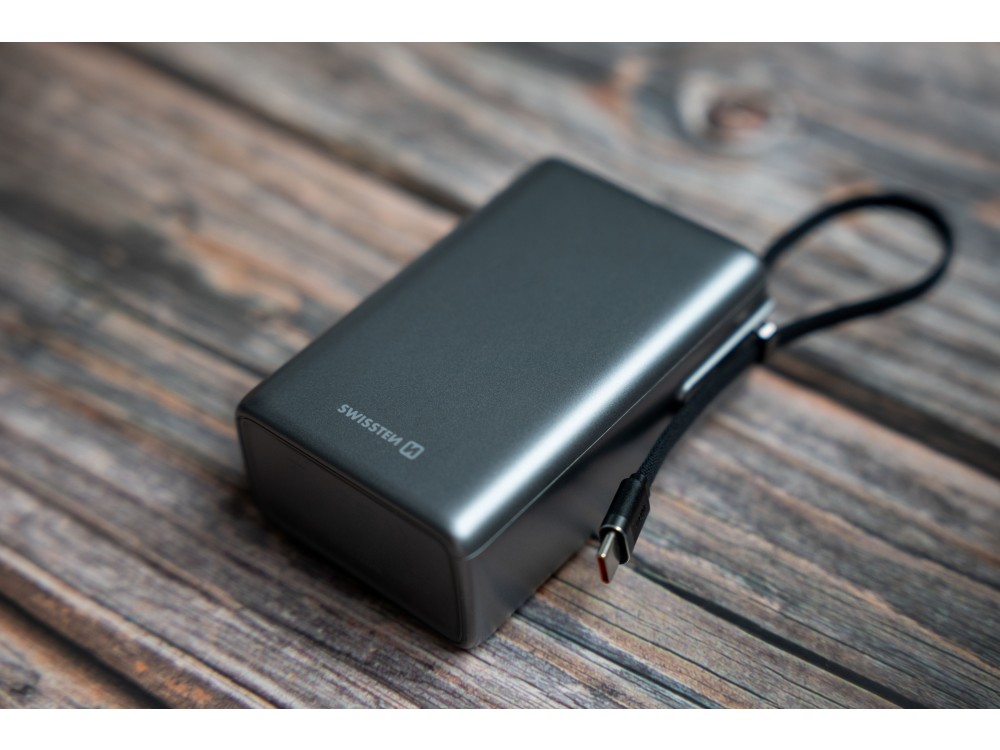 Swissten 25000 100W USB-C Power Bank 25.000mAh με Digital Display & PD3.0 + PPS + SCP + Ενσωματωμένο Καλώδιο Type-C, GREY