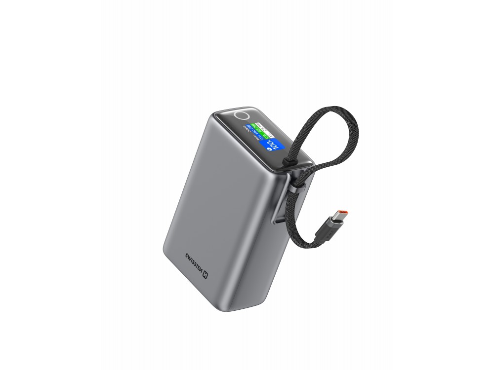 Swissten 25000 100W USB-C Power Bank 25.000mAh με Digital Display & PD3.0 + PPS + SCP + Ενσωματωμένο Καλώδιο Type-C, GREY