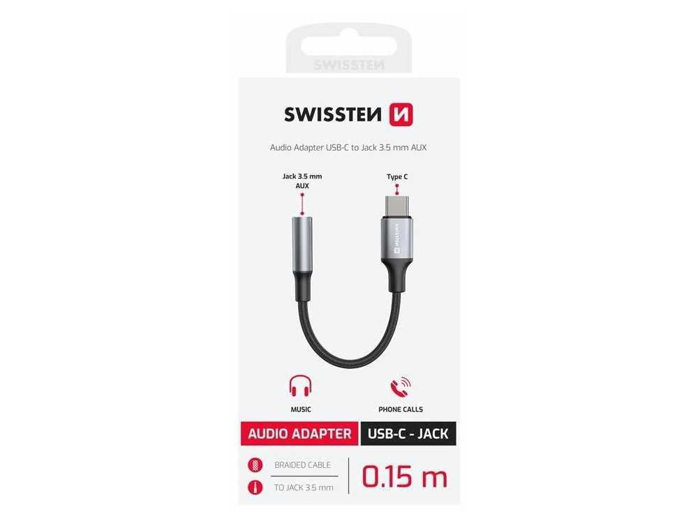 Swissten 3.5mm AUX Female Audio Αντάπτορας σε Type-C 15cm 3.5mm Audio Jack Female to Type-C Male με Νάυλον Ύφανση, Black